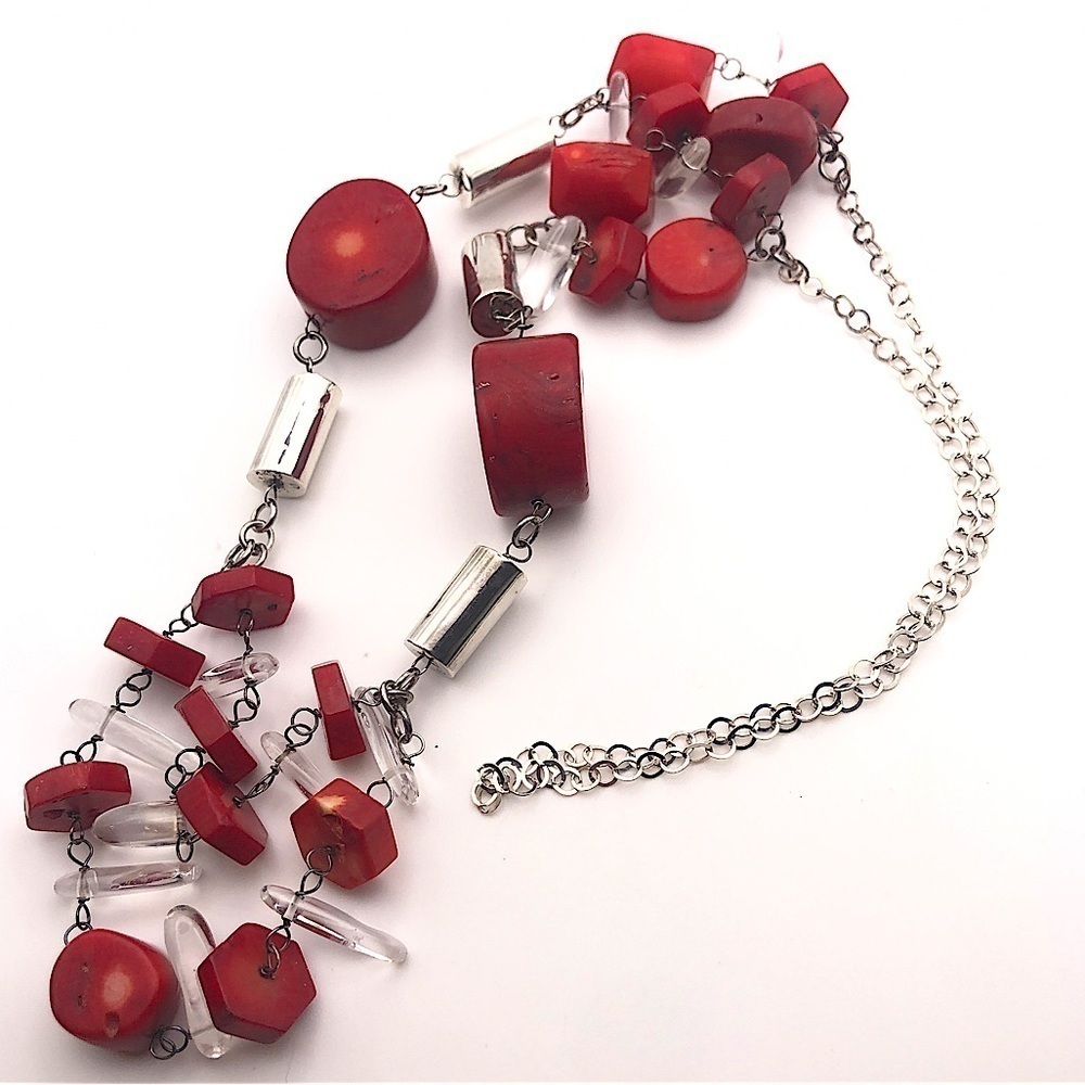 VINTAGE Sterling Coral & Rock Crystal Chunky Statement Necklace 23โ